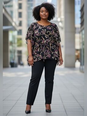 NWD, Plus Size 1X, Sheer Floral Blouse Black Burgundy Gold | Flowy Belted